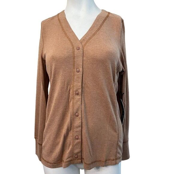Doe & Rae Large Knit Long Sleeve Button Front T Shirt Blouse Caramel Light NWT - Picture 1 of 5